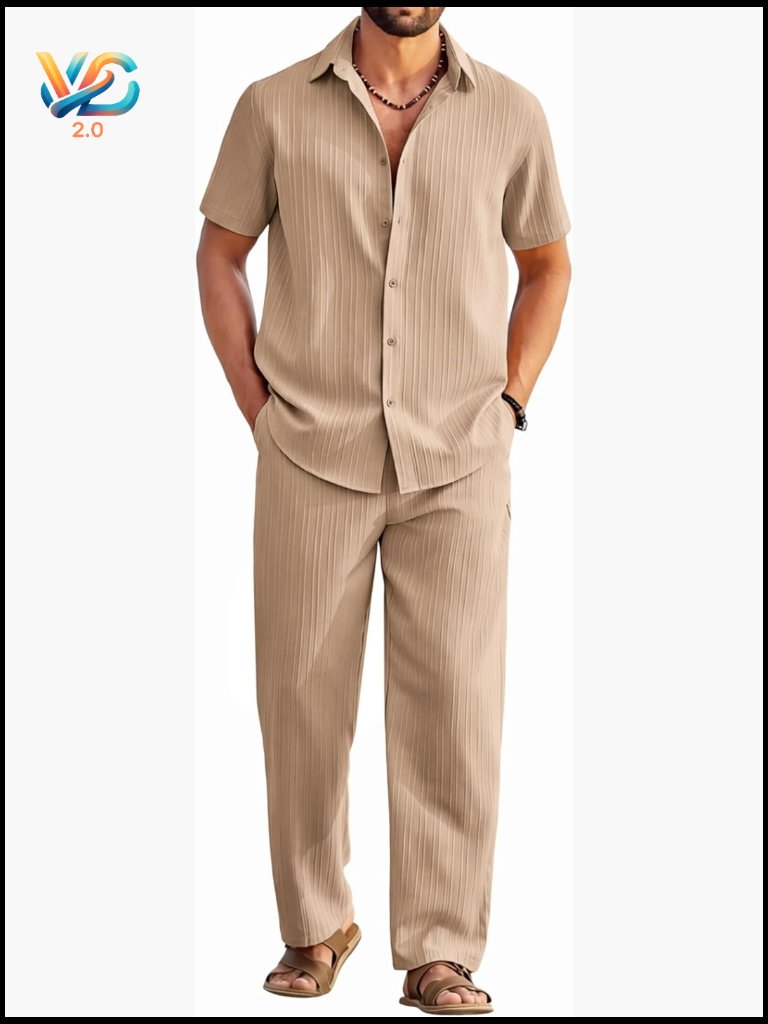 Mens 2 Piece Outfits Casual Summer Beach Textured Button Down Shirt Loose Pants